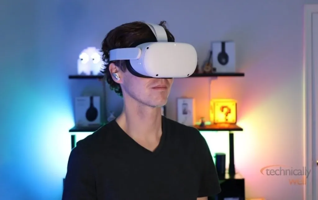 Soundcore VR P10 gaming earbuds while wearing the Meta Quest 2 headset