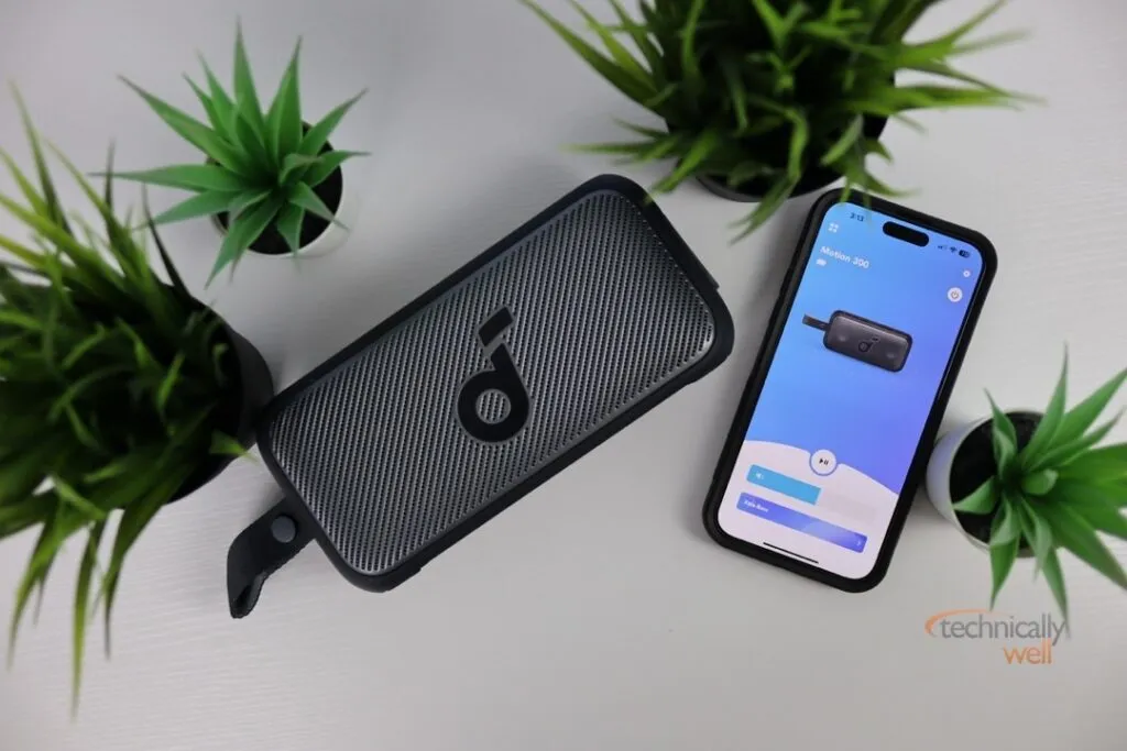 Soundcore Motion 300 with the Soundcore app on an iPhone
