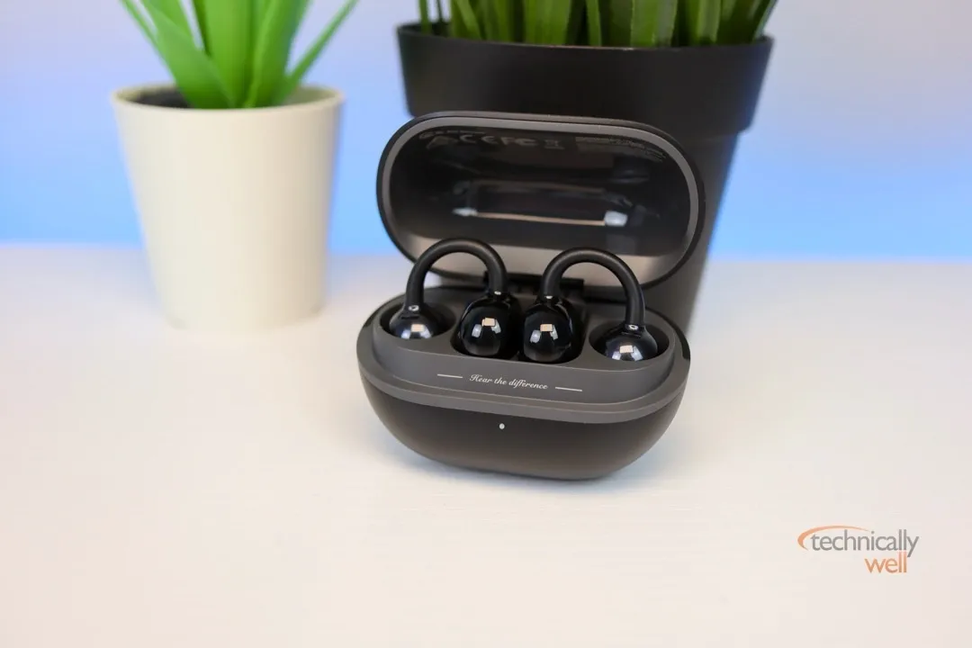 SoundPEATS POP Clip earbuds inside their charging case