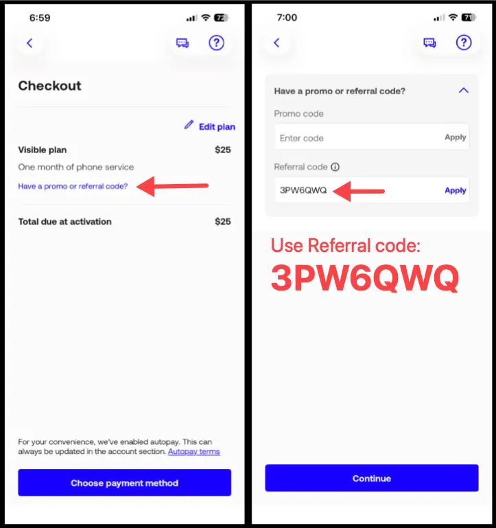 Visible Promo Referral Code screenshot